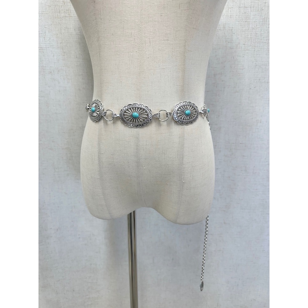 Unbranded Silver Turquoise Concho Chain Belt Womens OS Western‎ Boho Festival